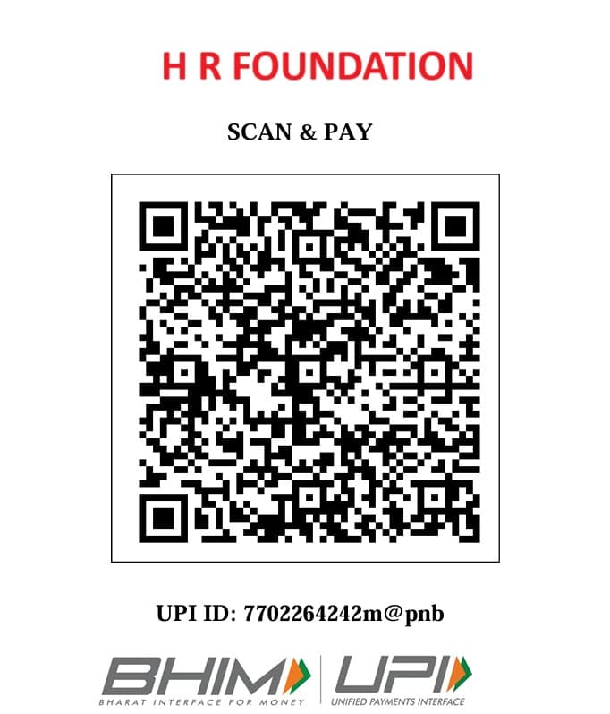 UPI QR code for donations to H R Foundation. UPI ID 7702264242m@pnb.